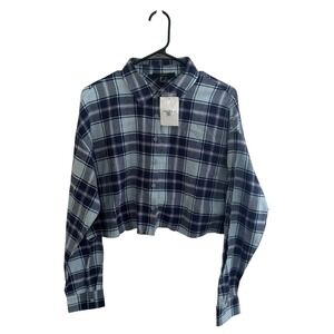 Forever 21 Women's L Blue Navy Plaid Cropped Flannel Shirt NWT 100% Cotton‎